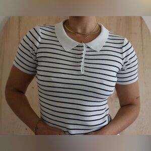 Love Tree Black and White Striped Polo Tee
